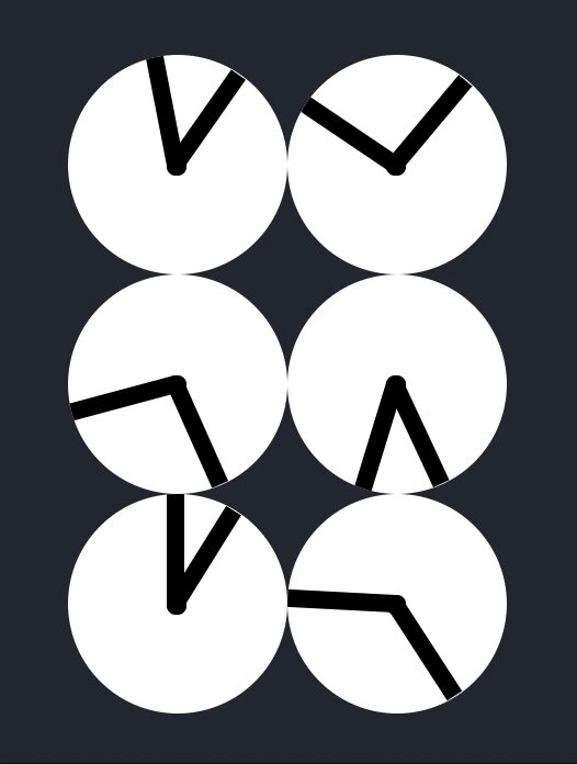 Can you tell what it is yet? It's a TWO! 2x3 grid of little clocks with their hands at random positions moving
to the positons of the number 2